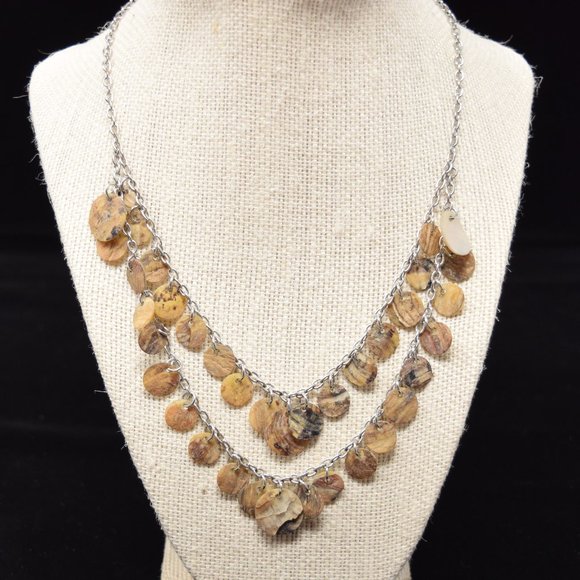 Reversible Double Layer Shell Round Disc Necklace Abalone Silvertone - Picture 2 of 12